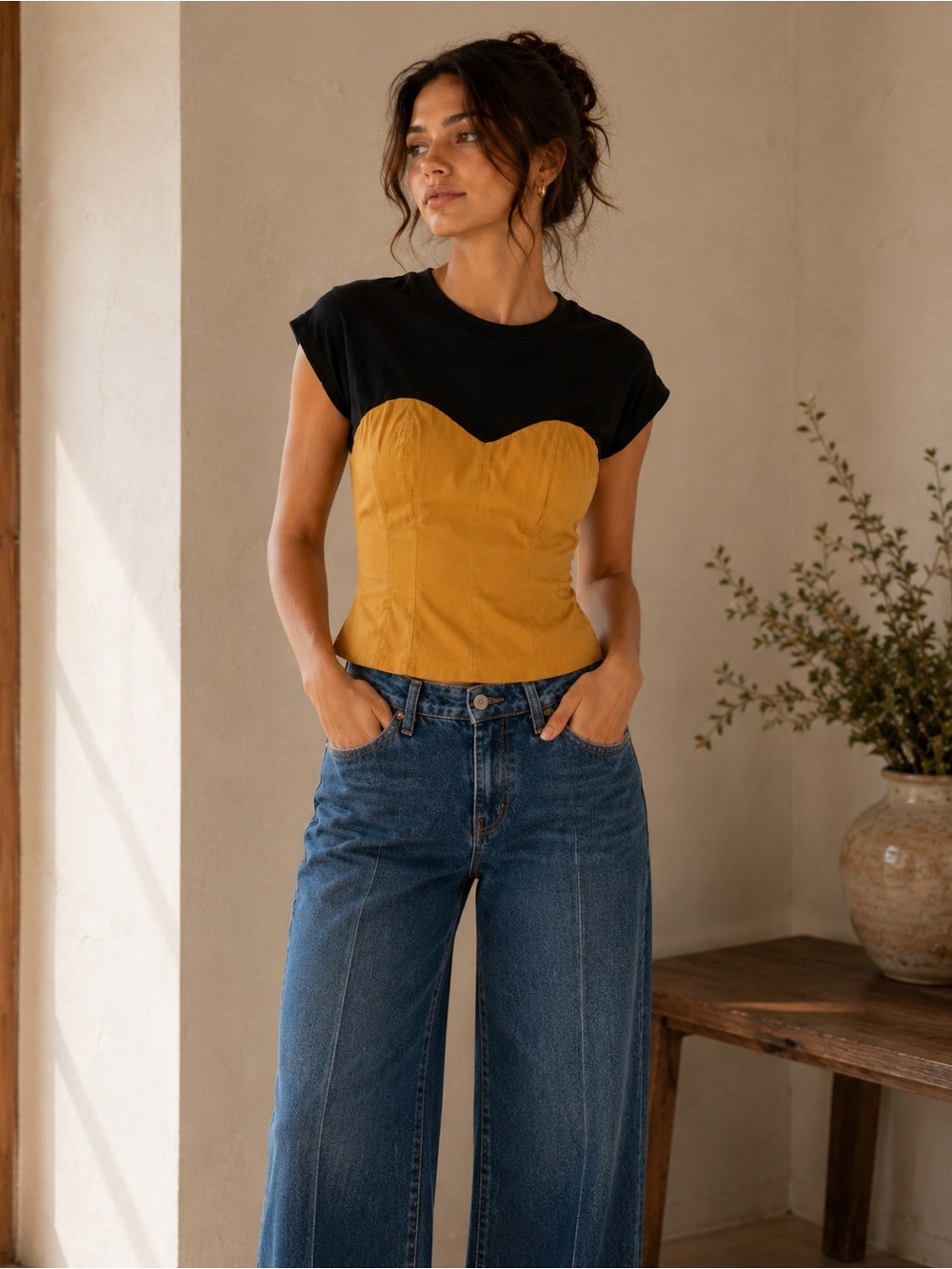 Anthropologie Maeve Corset Top M Black Mustard Fitted